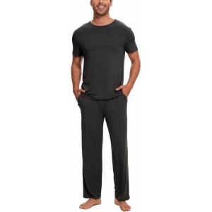 GYS Bamboo Viscose Men’s Pajama Sets Short Sleeve Crew Neck Lounge Sets with Pockets(Black Melange)