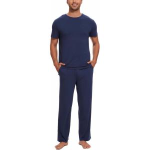 GYS Bamboo Viscose Men’s Pajama Sets Short Sleeve Crew Neck Lounge Sets with Pockets(Deep Blue)