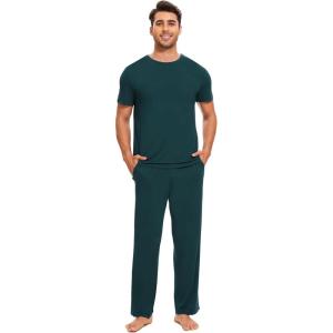 GYS Bamboo Viscose Men’s Pajama Sets Short Sleeve Crew Neck Lounge Sets with Pockets(Indigo)
