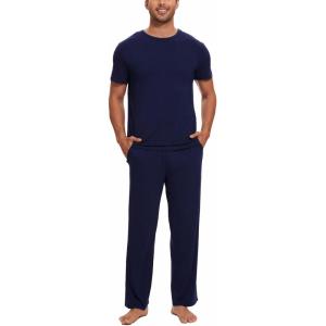 GYS Bamboo Viscose Men’s Pajama Sets Short Sleeve Crew Neck Lounge Sets with Pockets(Navy)