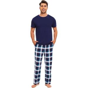 GYS Bamboo Viscose Men’s Pajama Sets Short Sleeve Crew Neck Lounge Sets with Pockets(Navy Green Plaid)