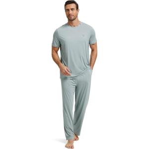 GYS Men’s Pajama Sets Bamboo Viscose Short Sleeve Top and Long Pants 2 Piece Sleepwear(Light Greyish Green)