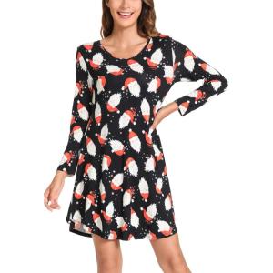 GYS Womens Bamboo Viscose Long Sleeve Nightgown Super Soft Lightweight Night Shirts for Sleeping(Crewneck/Santa Claus Black)
