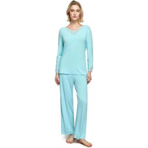 GYS Women’s Pajama Sets Viscose from Bamboo Lace Trim Long Sleeve Sleepwear Soft Pjs Lounge Sets with Pockets(A-aqua)
