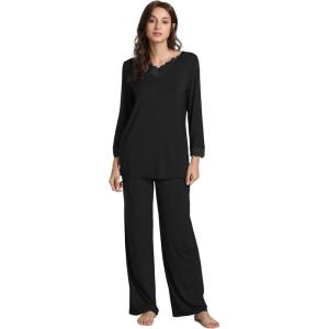 GYS Women’s Pajama Sets Viscose from Bamboo Lace Trim Long Sleeve Sleepwear Soft Pjs Lounge Sets with Pockets(A-black)