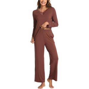 GYS Women’s Pajama Sets Viscose from Bamboo Lace Trim Long Sleeve Sleepwear Soft Pjs Lounge Sets with Pockets(A-cherry Mahogany)