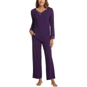 GYS Women’s Pajama Sets Viscose from Bamboo Lace Trim Long Sleeve Sleepwear Soft Pjs Lounge Sets with Pockets(A-deep Purple)