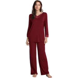 GYS Women’s Pajama Sets Viscose from Bamboo Lace Trim Long Sleeve Sleepwear Soft Pjs Lounge Sets with Pockets(A-wine)