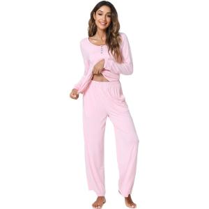 GYS Women’s Pajama Sets Viscose from Bamboo Lace Trim Long Sleeve Sleepwear Soft Pjs Lounge Sets with Pockets(B- Pink)