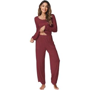 GYS Women’s Pajama Sets Viscose from Bamboo Lace Trim Long Sleeve Sleepwear Soft Pjs Lounge Sets with Pockets(B-wine)