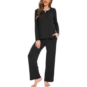 GYS Women’s Pajama Sets Viscose from Bamboo Lace Trim Long Sleeve Sleepwear Soft Pjs Lounge Sets with Pockets(C – Black)