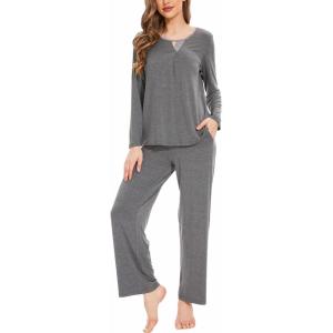 GYS Women’s Pajama Sets Viscose from Bamboo Lace Trim Long Sleeve Sleepwear Soft Pjs Lounge Sets with Pockets(C – Dark Heather Grey)