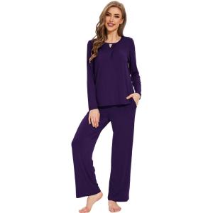 GYS Women’s Pajama Sets Viscose from Bamboo Lace Trim Long Sleeve Sleepwear Soft Pjs Lounge Sets with Pockets(C – Deep Purple)
