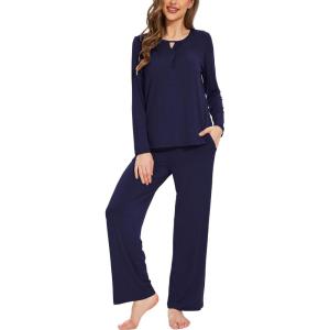 GYS Women’s Pajama Sets Viscose from Bamboo Lace Trim Long Sleeve Sleepwear Soft Pjs Lounge Sets with Pockets(C – Navy)