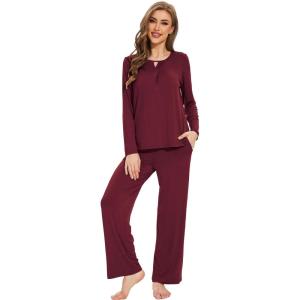 GYS Women’s Pajama Sets Viscose from Bamboo Lace Trim Long Sleeve Sleepwear Soft Pjs Lounge Sets with Pockets(C – Wine)