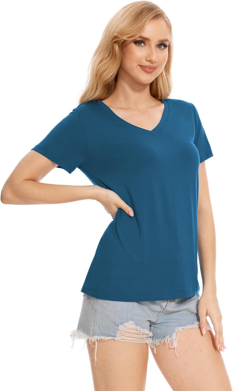 imageGYS Bamboo Viscose Pajamas Tops for Women Cooling Basic TShirt Soft Short Sleeve Sleep Shirts Lightweight Pj ShirtTeal Blue