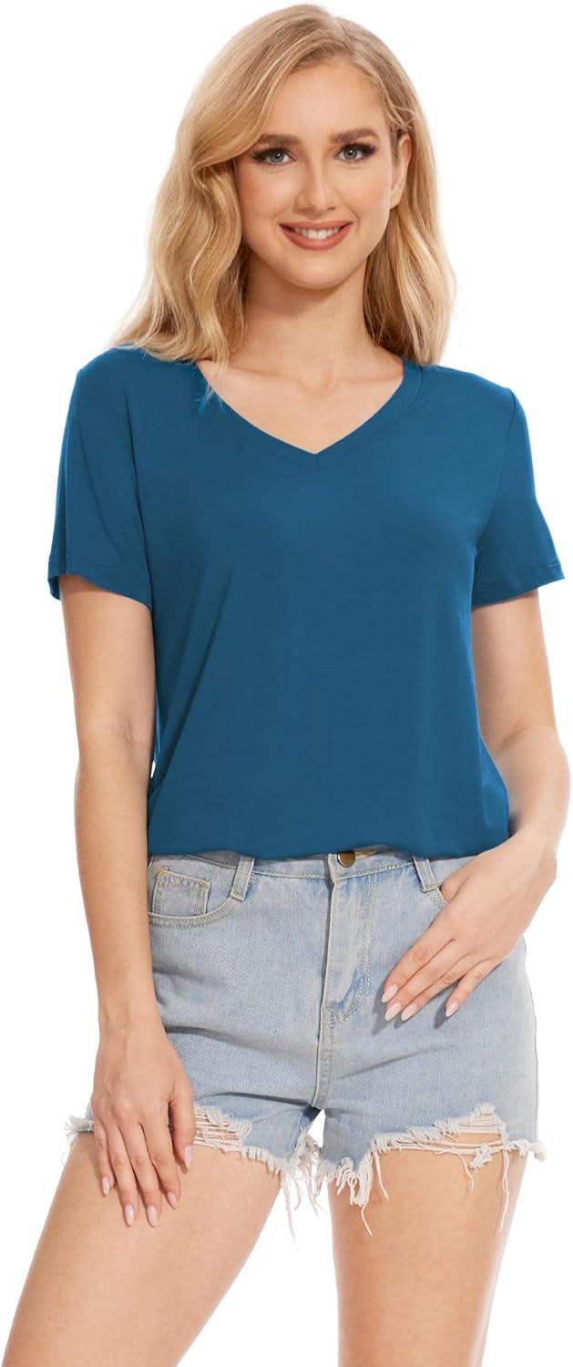 imageGYS Bamboo Viscose Pajamas Tops for Women Cooling Basic TShirt Soft Short Sleeve Sleep Shirts Lightweight Pj ShirtTeal Blue
