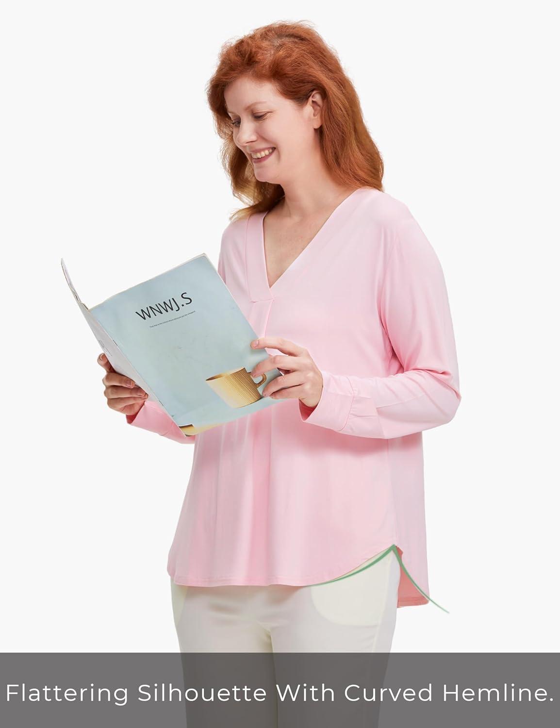 imageGYS Bamboo Viscose Sleep Shirt for Women Long Sleeve RelaxedFit Casual Tee Shirt Soft Cozy Pajama TopsPink
