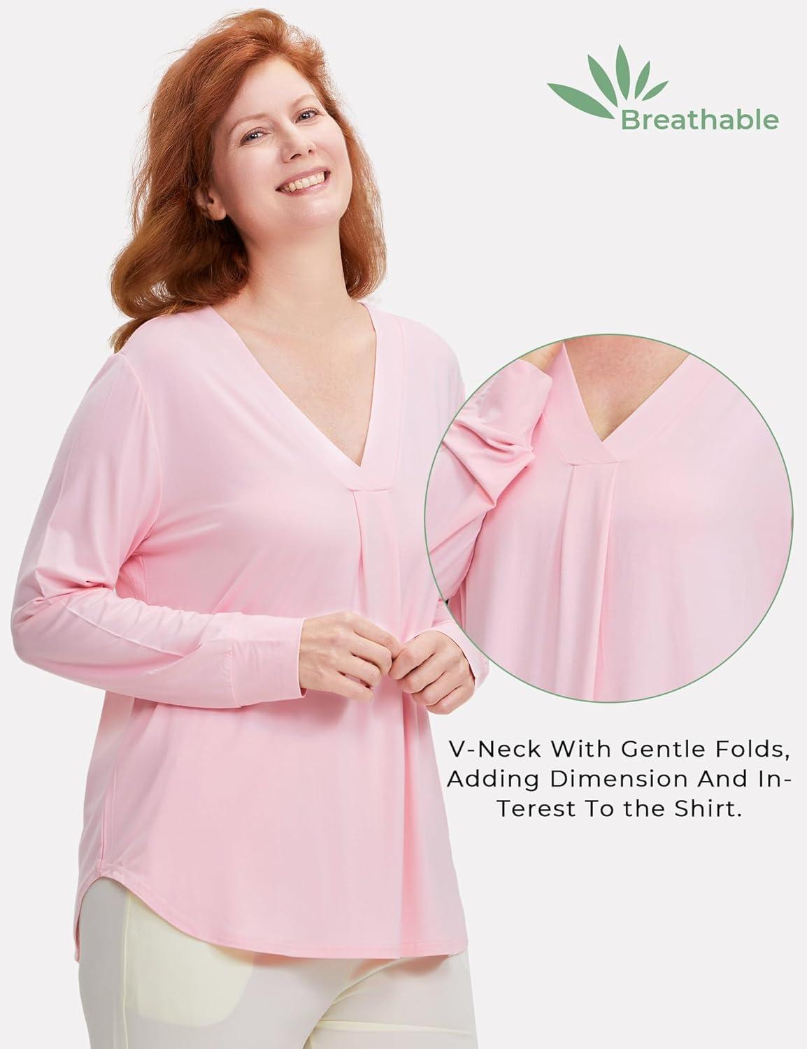 imageGYS Bamboo Viscose Sleep Shirt for Women Long Sleeve RelaxedFit Casual Tee Shirt Soft Cozy Pajama TopsPink