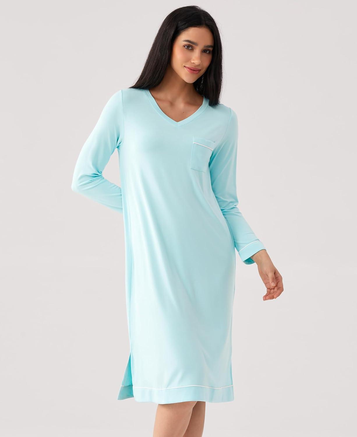 imageGYS Bamboo Viscose Soft Womens Nightgowns Comfy Long Sleeve V Neck Sleep DressAqua