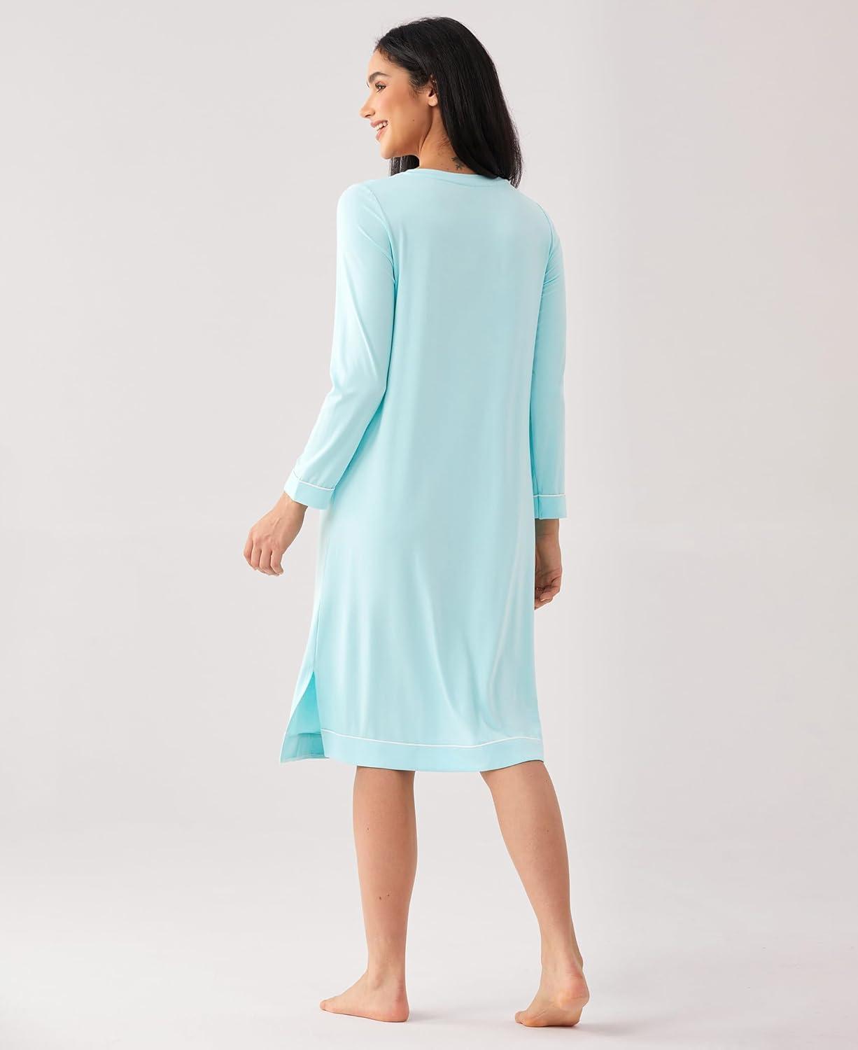 imageGYS Bamboo Viscose Soft Womens Nightgowns Comfy Long Sleeve V Neck Sleep DressAqua