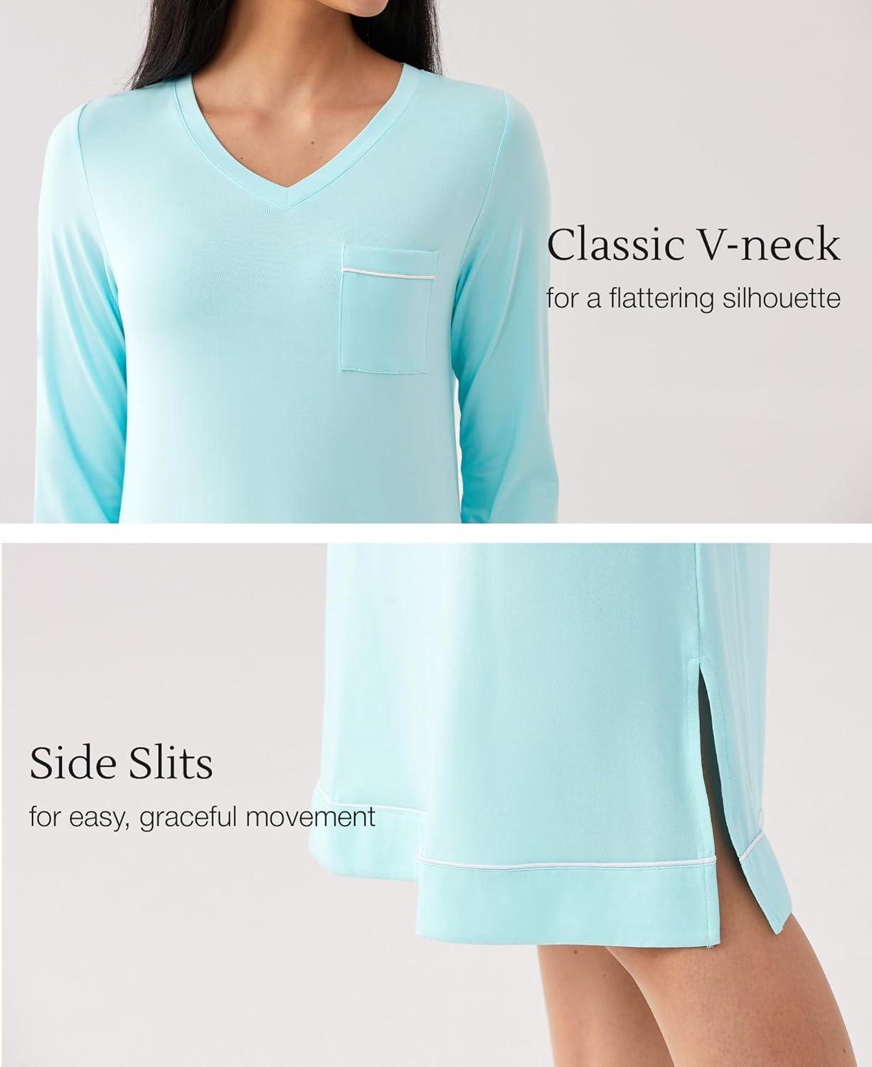 imageGYS Bamboo Viscose Soft Womens Nightgowns Comfy Long Sleeve V Neck Sleep DressAqua