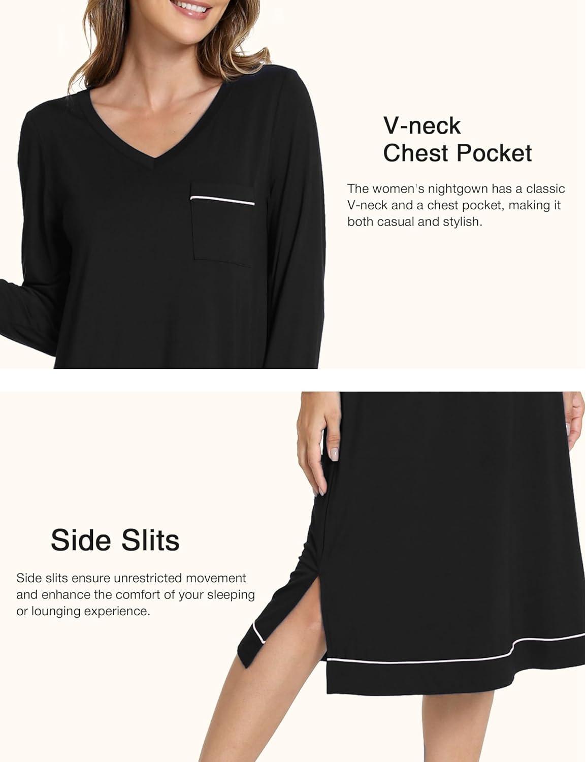 imageGYS Bamboo Viscose Soft Womens Nightgowns Comfy Long Sleeve V Neck Sleep DressBlack