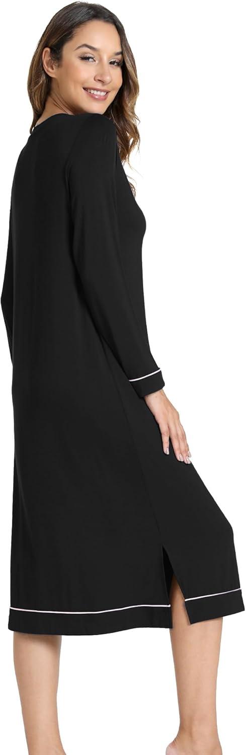 imageGYS Bamboo Viscose Soft Womens Nightgowns Comfy Long Sleeve V Neck Sleep DressBlack