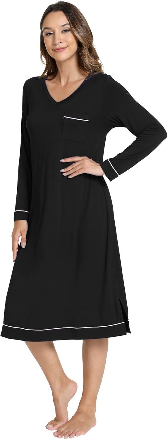 imageGYS Bamboo Viscose Soft Womens Nightgowns Comfy Long Sleeve V Neck Sleep DressBlack
