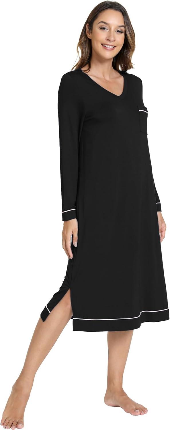 imageGYS Bamboo Viscose Soft Womens Nightgowns Comfy Long Sleeve V Neck Sleep DressBlack