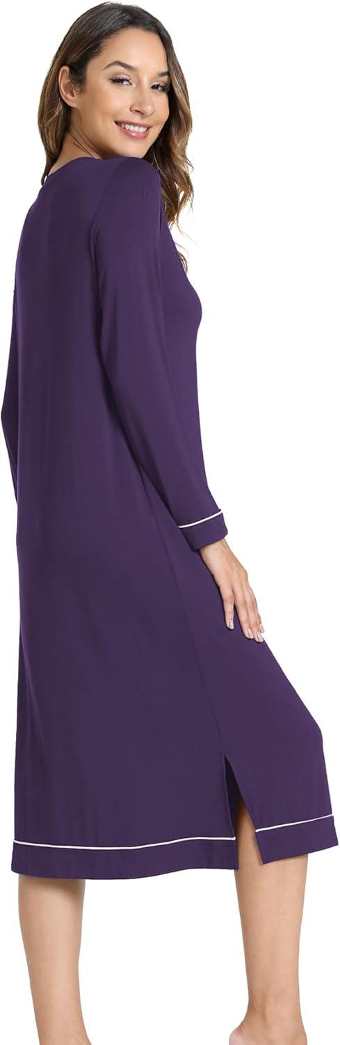 imageGYS Bamboo Viscose Soft Womens Nightgowns Comfy Long Sleeve V Neck Sleep DressDeep Purple