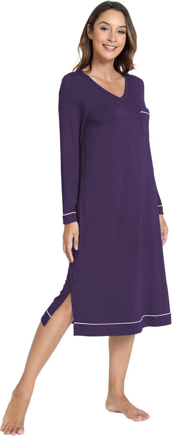 imageGYS Bamboo Viscose Soft Womens Nightgowns Comfy Long Sleeve V Neck Sleep DressDeep Purple