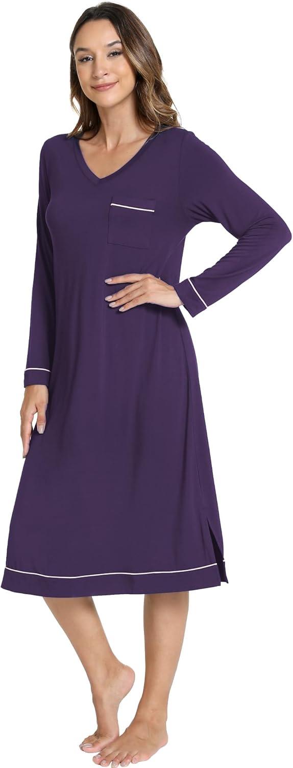imageGYS Bamboo Viscose Soft Womens Nightgowns Comfy Long Sleeve V Neck Sleep DressDeep Purple