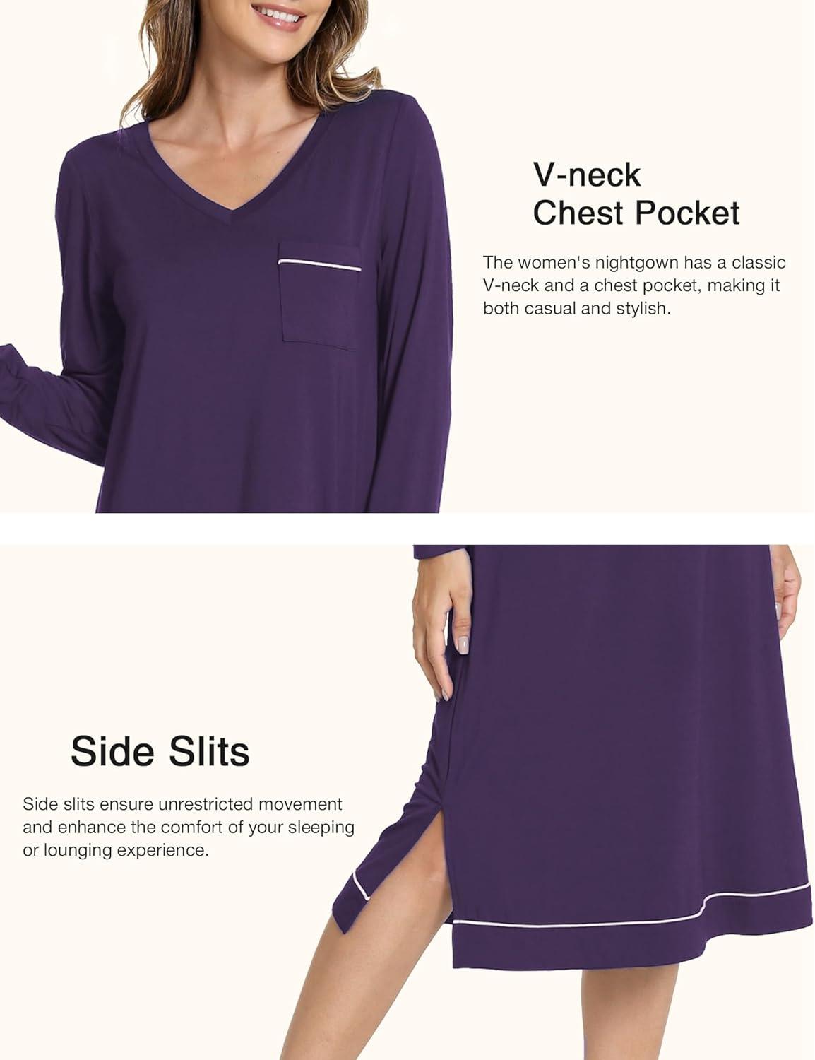 imageGYS Bamboo Viscose Soft Womens Nightgowns Comfy Long Sleeve V Neck Sleep DressDeep Purple