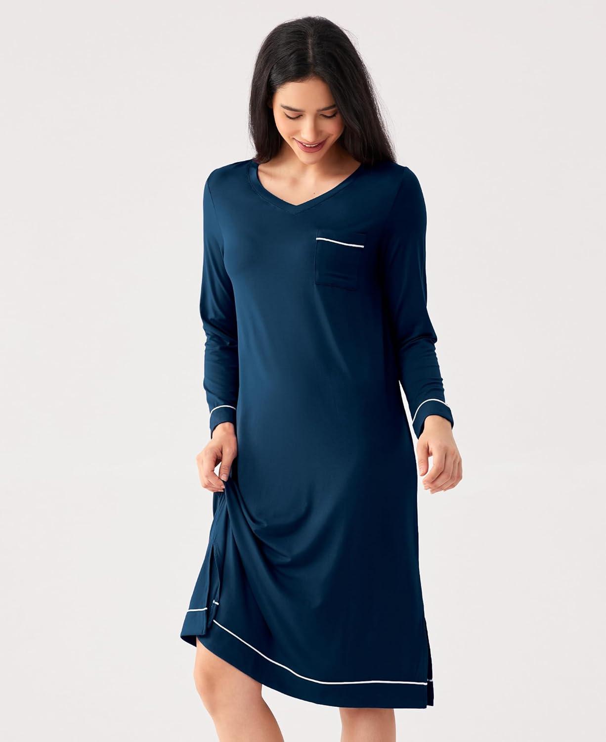 imageGYS Bamboo Viscose Soft Womens Nightgowns Comfy Long Sleeve V Neck Sleep DressInk Blue