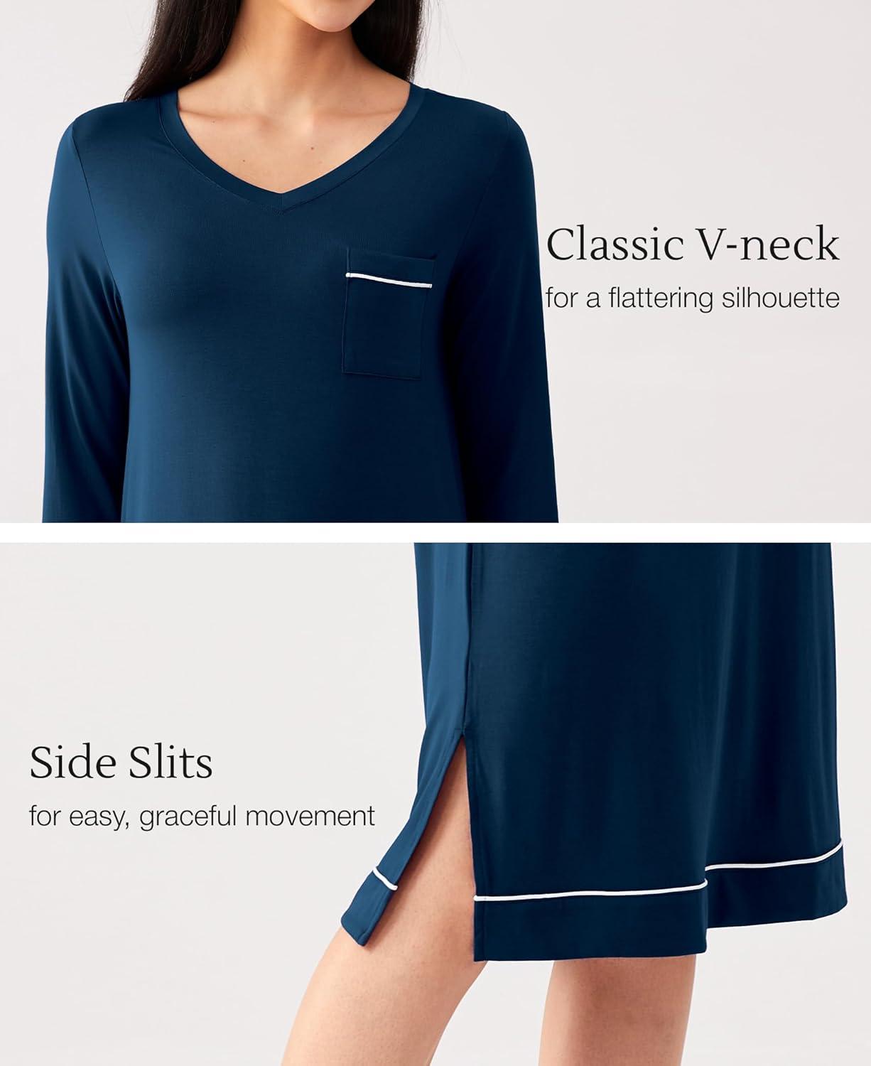 imageGYS Bamboo Viscose Soft Womens Nightgowns Comfy Long Sleeve V Neck Sleep DressInk Blue