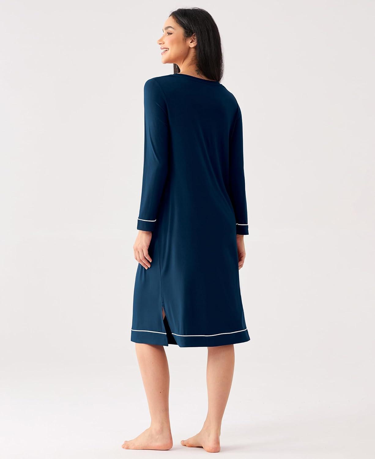 imageGYS Bamboo Viscose Soft Womens Nightgowns Comfy Long Sleeve V Neck Sleep DressInk Blue