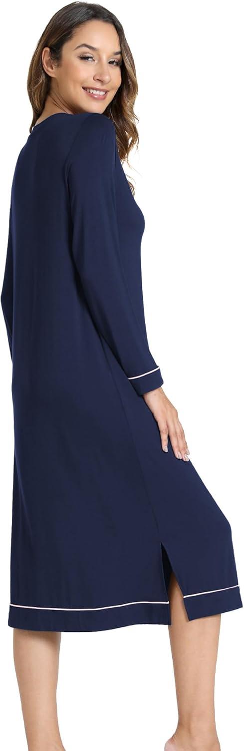 imageGYS Bamboo Viscose Soft Womens Nightgowns Comfy Long Sleeve V Neck Sleep DressNavy