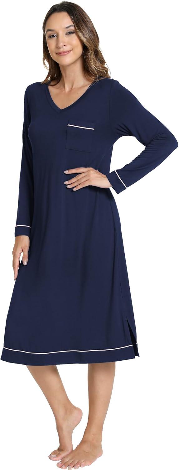 imageGYS Bamboo Viscose Soft Womens Nightgowns Comfy Long Sleeve V Neck Sleep DressNavy