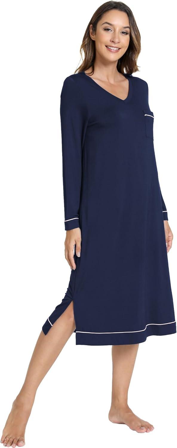 imageGYS Bamboo Viscose Soft Womens Nightgowns Comfy Long Sleeve V Neck Sleep DressNavy