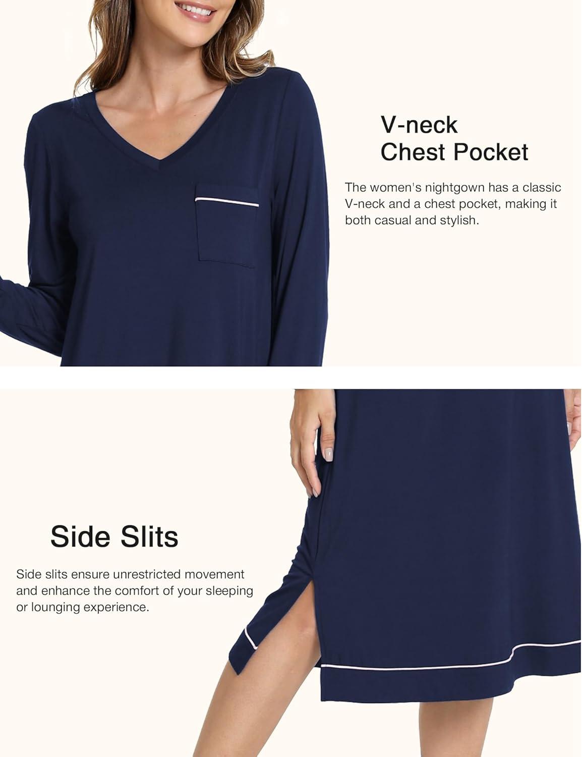 imageGYS Bamboo Viscose Soft Womens Nightgowns Comfy Long Sleeve V Neck Sleep DressNavy