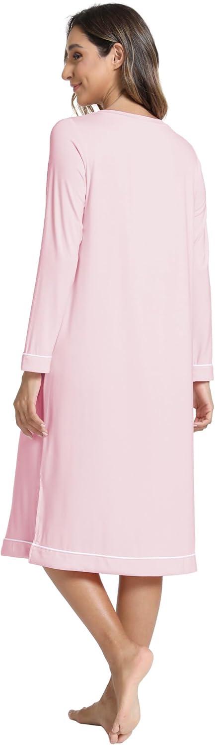 imageGYS Bamboo Viscose Soft Womens Nightgowns Comfy Long Sleeve V Neck Sleep DressPink