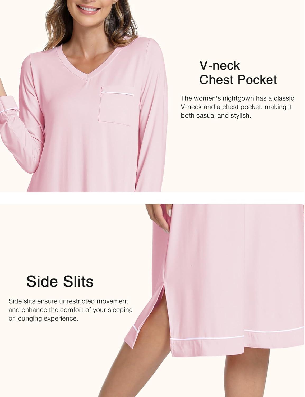 imageGYS Bamboo Viscose Soft Womens Nightgowns Comfy Long Sleeve V Neck Sleep DressPink