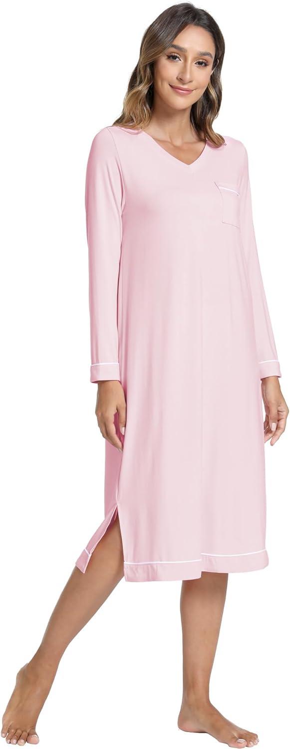 imageGYS Bamboo Viscose Soft Womens Nightgowns Comfy Long Sleeve V Neck Sleep DressPink