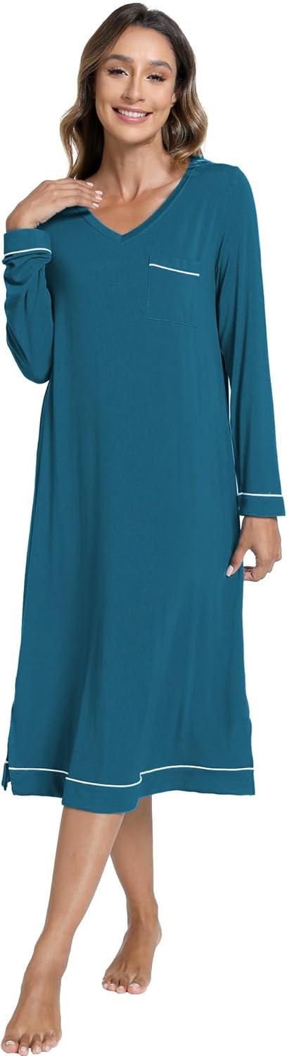 imageGYS Bamboo Viscose Soft Womens Nightgowns Comfy Long Sleeve V Neck Sleep DressTeal Blue