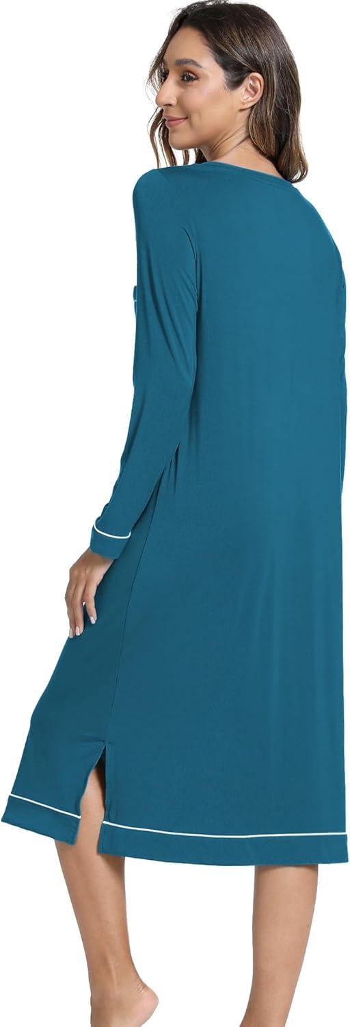 imageGYS Bamboo Viscose Soft Womens Nightgowns Comfy Long Sleeve V Neck Sleep DressTeal Blue