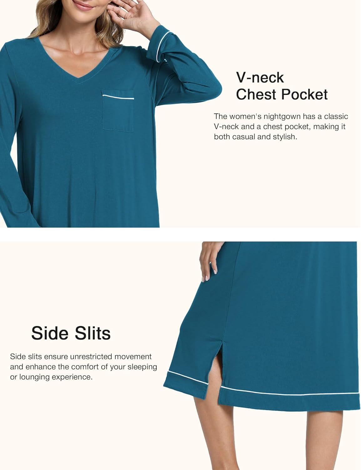 imageGYS Bamboo Viscose Soft Womens Nightgowns Comfy Long Sleeve V Neck Sleep DressTeal Blue
