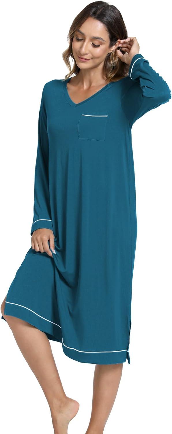 imageGYS Bamboo Viscose Soft Womens Nightgowns Comfy Long Sleeve V Neck Sleep DressTeal Blue