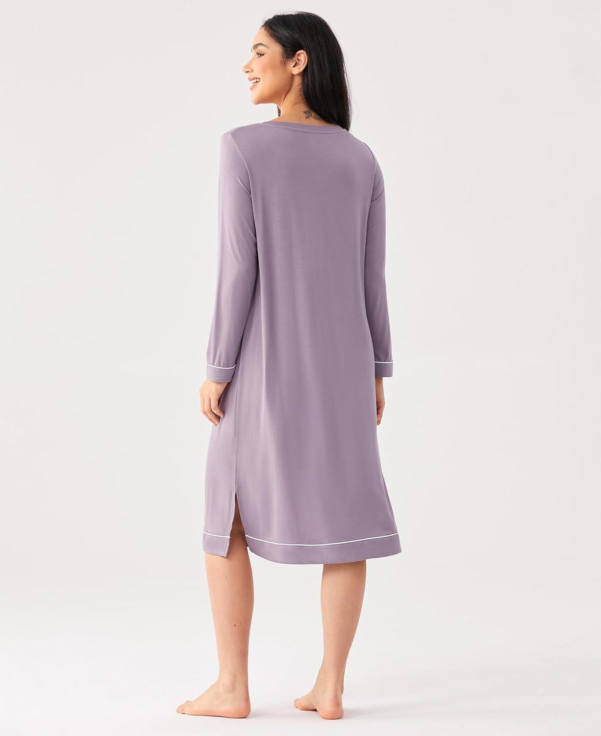 imageGYS Bamboo Viscose Soft Womens Nightgowns Comfy Long Sleeve V Neck Sleep DressViolet