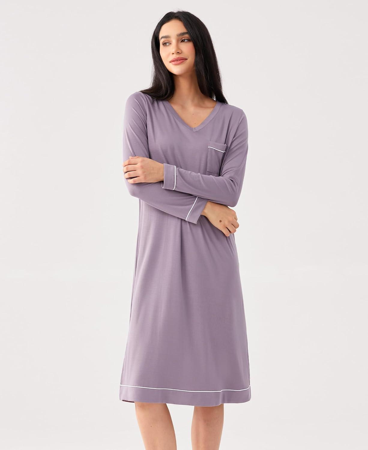 imageGYS Bamboo Viscose Soft Womens Nightgowns Comfy Long Sleeve V Neck Sleep DressViolet
